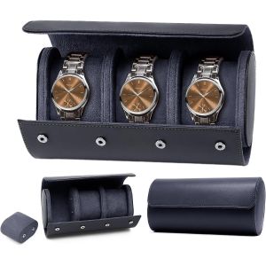 Kal-Boîte À Montres À 3 Emplacements, Coffret À Montres En Cuir Pu, Écrin, Étui À Montre Voyage Oîte De Montres De Voyage Pour Boîte De Rangement,Coussinets Amovibles - Bleu - Neuf