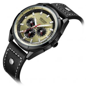 Megir Hommes Casual Cuir Calendrier 24 Heures Quartz Analogique Montre Noir Bo&icirc;tier Cadran Dor&eacute; Bracelet Noir - Neuf
