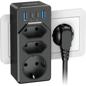 Multiprise Murale 7-en-1 (4000W/16A) avec 4 Ports USB, Prise Multiple 2 Prises Euro + 1 Schuko, Charge Rapide USB-C PD 20W, Bloc Multiprise USB pour Salon, Chambre et Cuisine - Neuf