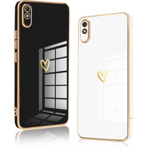 Kal-2 Packs Coque Pour Xiaomi Redmi 9at/Redmi 9a, Souple Tpu Silicone Antichoc Housse Étui De Téléphone Avec Motif Coeur Et Bordure Dorée Case Protection Pour Redmi 9a / Redmi 9at, Noir Et Blanc - Neuf