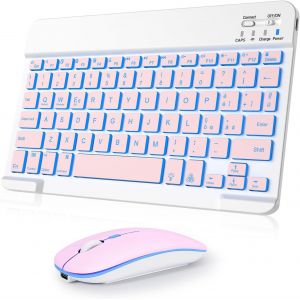 Clavier et souris sans fil, clavier Bluetooth universel rétro-éclairé portable ultra fin rechargeable, pour iPad/Tablette/PC/iOS/Android/Windows/Samsung/Lenovo, disposition italienne, blanc - Neuf