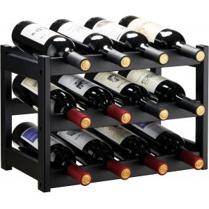Casier &Agrave; Vin Range Bouteilles Horizontal,3 &Eacute;tages De 4 Bouteilles Pour 12 Bouteilles En Bambou Etag&egrave;re &Agrave; Bouteilles De Vin Dimensions 43x24x30 Cm Porte-Bouteilles,Noir - Neuf