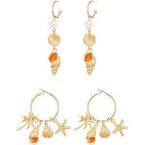 Kal-Set Boucles D'oreilles Femme Coquillage Et &Eacute;toile De Mer Boucle D'oreille Dor&eacute;es L&eacute;g&egrave;res En Alliage Accessoires Bijoux Plage Boho - Neuf