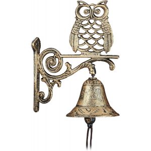 BHHBB-Cloche Murale de Porte Fonte de Fer, Chouette, Design Antique, avec Corde, résistant aux intempéries, doré - Neuf