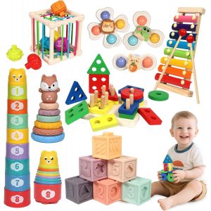 JGD-Jouet Bébé 18-36 Mois - Coffret d'Activités Montessori 7 en 1 avec Cubes à Empiler, Anneau de Dentition et Jouet Sensoriel, Certifié EN71, Idée Cadeau¿ - Neuf