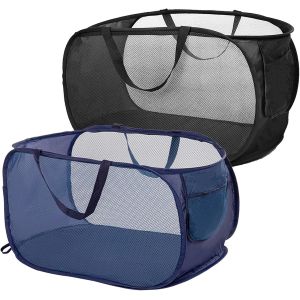 MEVRONISSHOP-2 PCS Grand panier &agrave; linge pliable en maille, Panier &agrave; Linge Pliable Panier Linge Pliable en Maille Paniers avec Poign&eacute;es Pour Salle de Bain Chambre Voyages (Noir, Bleu Marine) - Neuf