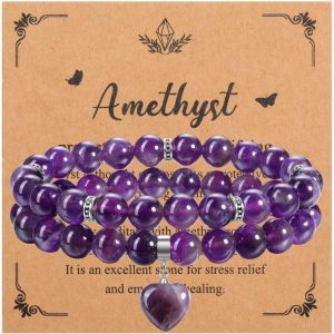 2pcs Bracelets Pierre Naturelle Perles 8mm Avec Pendentif Du Coeur Pour Femme Fille, Bracelet Elastique Yoga Chakra Bracelet Porte Bonheur Cadeau Anniversaire Amitié Valentine - Neuf