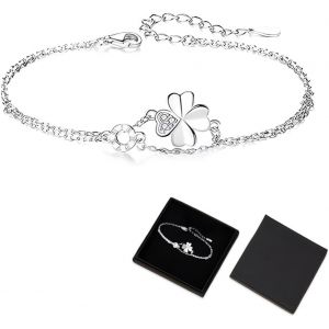 1 Pcs Bracelet Argent Femme,Design Tr&egrave;fle &Agrave; Quatre Feuilles Et Motif Coeur,Cadeau En Forme De Coeur Avec Bo&icirc;te Gratuite (Argent) - Neuf