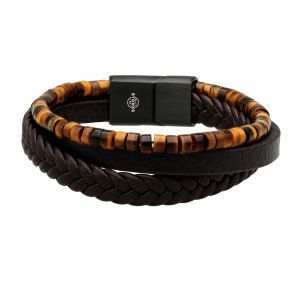 Bracelet Cuir Marron Lisse Et Tress&eacute; Avec Perle De Heishi Oeil De Tigre - Neuf