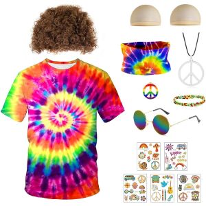 Trahoo-Costume Hippie Pour Homme Et Femme - Ensemble De Costume Hippie Des Années 60 Et 70 - Costume Hippie Pour Homme Et Femme - T-Shirt Hippie - Perruque - Lunettes - Collier - Bandeau - Carnaval - - Neuf