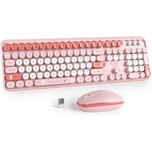Clavier Souris Sans Fil, Clavier Touche Ronde Retro Machine À Écrire, Cute Clavier Ordinateur 2.4G, Américain Qwerty, Claviers Ergonomique Sans Fil À 104 Touches (Bunny Pink) - Neuf