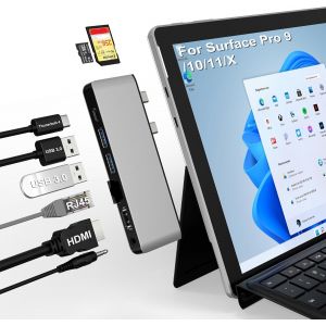 Concentrateur USB Surface Pro 11, station d'accueil Surface Pro 9 avec HDMI 4K, USB-C Thunderbolt 4 (vid&eacute;o 8K + donn&eacute;es + PD), 100 m RJ45, 2 USB 3.0, fente pour carte SD/TF, 3,5 mm,con&ccedil;u pour Surface - Neuf