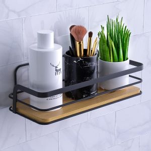Loc-Étagère De Douche,Sans Perçage,Noire,Autocollante,Pour Salle De Bain,Salon,En Bambou Et Métal - Neuf
