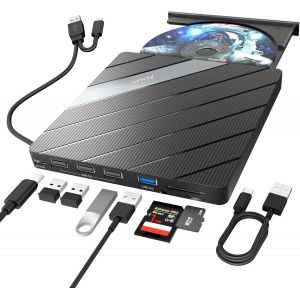 Lecteur CD Externe pour PC- USB 3.0 Lecteur DVD Portable avec Lecteur de Carte SD/TF et Ports,Lecteur DVD Externe USB C pour PC,Desktop,MacBook,Windows,Linux,Mac OS,Vista - Neuf