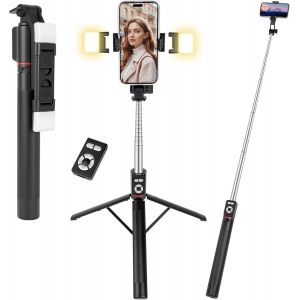 LORANKA-170CM Extensible Perche Selfie Tr&eacute;pied, Tout-en-1 Voyage Tr&eacute;pied, Selfie Smartphone Bluetooth avec T&eacute;l&eacute;commande sans Fil et 2 Lumi&egrave;res de Remplissage pour iPhone, Samsung et Android (Noir) - Neuf