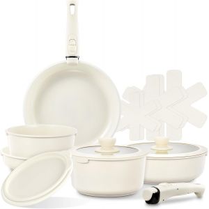 Jexnovashop-Batterie De Cuisine 16 Pi&egrave;ces, Batterie De Cuisine Induction Avec Poign&eacute;e Amovible, Batterie De Cuisine Antiadh&eacute;sive En C&eacute;ramique, Po&ecirc;le 20/28 Cm, Casserole 18/20 Cm, Po&ecirc;le Profonde 26 Cm - Neuf