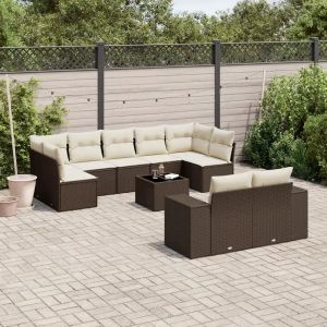 Salon De Jardin 10 Pcs Avec Coussins Marron Résine Tressée - Neuf