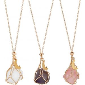 Kal-Lot De 3 Colliers Avec Support En Cristal Avec Pierre Naturelle, Collier Avec Pierres Précieuses, Interchangeables, Collier Avec Pendentif En Améthyste Pour Femme Et Homme - Neuf