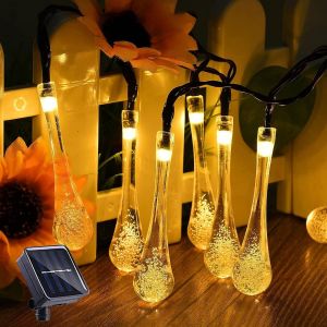 Kal-Guirlande Lumineuse Exterieur Solaire, 30 Led 6,3m Lumière De Goutte D'eau Solaire Pour Extérieur Et Intérieur, Lampe Décoration Étanche Pour Jardin, Arbres, Fêtes Noël, Terrasse(Blanc Chaud) - Neuf
