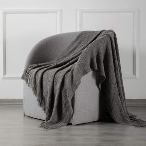 Plaid en tricot à pompons (120 x 170 cm, gris), couverture décorative texturée, confortable et légère pour canapé, lit, canapé, voyage, toutes saisons - Neuf