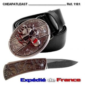 Ceinture &Agrave; Boucle Amovible Avec Couteau Int&eacute;gr&eacute; T&ecirc;te De Mort En Flamme Vampire Ghost Rider Biker Self-D&eacute;fense - Neuf