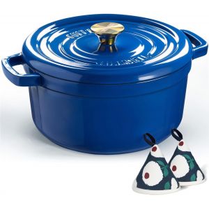 Jexnovashop-Overmont Cocotte En Fonte &Eacute;maill&eacute;e &iquest; Casserole De 5 L Avec Couvercle &iquest; Livre De Cuisine Et Maniques En Coton &iquest; Batterie De Cuisine Robuste Pour Braiser, Rago&ucirc;ts, R&ocirc;tir, Cuire Du Pain, Ble - Neuf