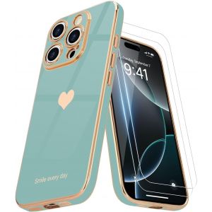 Brs-Coque Compatible Avec Iphone 16 Pro Max + 2 Films De Protection D'écran, Coque Pour Fille, Coque De Protection D'appareil Photo Galvanisée Pour Iphone 16 Pro Max, Cyan - Neuf