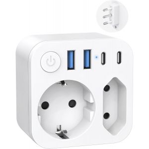 KALANKA-Prise de Courant de l'Allemagne vers l'Italie avec 4 USB (2 Type C), Adaptateur de Voyage à 2 Compartiments pour l'Italie, fiche de Voyage Schuko à Type L, Blanc - Neuf