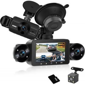 KPLE-Dashcam Voiture 360°,4 Caméras Avant Arrière Intérieur Gauche Droite,1080P,8 Leds Vision Nuit Ir,Écran Tactile Ips 3"",Enregistrement En Boucle,Capteur G,Vision Nocturne+Carte Sd 64G - Neuf