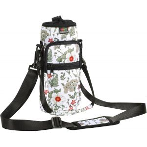 nzqaf-Sac à Bouteille en Néoprène, 750ml Porte-Bouteille avec Bandoulière&Dragonne Ajustable, Sac Fourre-Tout avec Poche, Accessoire Parfait pour Voyage Randonnée Camping - Hibiscus Blanc - Neuf