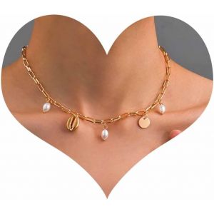 Kal-Collier Boh&egrave;me En Perles De Nacre Collier Pendentif En Perles Collier Ras De Cou En Pi&egrave;ces De Monnaie Collier En Cha&icirc;ne &Agrave; Maillons En Forme De Trombones Bijoux Pour Femmes Et Filles - Neuf