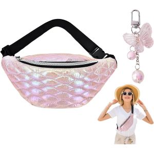 CAUC-Sac Banane Holographique Brillant - Sac Ceinture Femme Cuir PU - Sacoche de Ceinture R&eacute;fl&eacute;chissante Pochette de Voyage Bum Bag,Porte Cl&eacute;s Papillon Inclus - Neuf