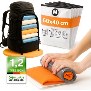 KALANKA-Sac Sous Vide Voyage &agrave; Rouler I 8 PIECES I Taille M: 60x40 cm I Sac de Rangement Sous Vide Sans Aspirateur I Pochette Sous Vide Vetement Voyage sans Valve pour Valise et Sacs &agrave; Dos - Neuf