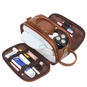 Trousse de toilette pour homme grande capacité, trousse de maquillage en PU imperméable, 26,5 x 15 x 16 cm, marron - Neuf