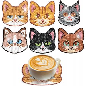 Oayew-Diamond Painting Dessous De Verre Chat Lot De 6 Diamond Painting Sous Verre Diamant Painting Avec Support Broderie Diamant Sous Verre Chat Animaux Pour Caf&eacute; Tasses &Agrave; Th&eacute; Et Boissons - Neuf