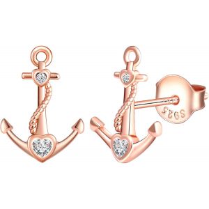 Kal-Boucles D'oreilles Femme Fille, Boucle D'oreille En Argent 925, Boucle D'oreille Ancre De Navire, Boucle D'oreille Ancre Cr&eacute;ative, Zircon Incrust&eacute;, Bijoux &Eacute;l&eacute;gants Femme, Argent, Or Rose Et Or - Neuf