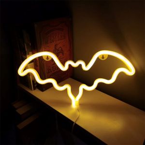 D&eacute;coration murale lumineuse chauve-souris n&eacute;on, aliment&eacute;e par piles USB, blanc chaud, 36 x 18 cm - Neuf