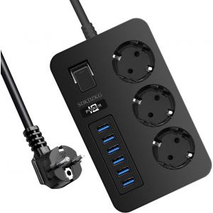 Multiprise 3 Prises Multiple (13A/3000W) avec Interrupteur Individuelles,6 Ports de Charge USB (3.1A/5V),1.8m Adaptateur Secteur Les Câbles,Applicable à Bureaux Et Voyage en Maison (Noir) - Neuf