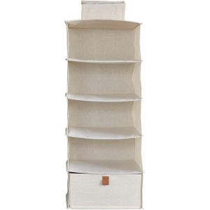 Tianyi-Love It Store It - Premium - &Eacute;tag&egrave;re Suspendue En Lin-Coton Pliable, Organisateur Armoire Avec 4 Compartiments Et 1 Tiroir, Bo&icirc;te De Rangement Tissu Beige, 30x30x75 Cm - Neuf