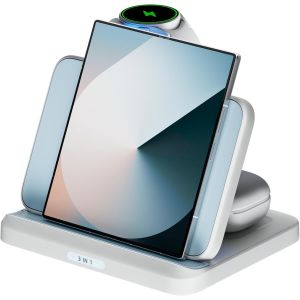 Chargeur sans Fil 3-en-1 Tigratigro pour Samsung - Station de Recharge Rapide Pliable Compatible Galaxy S24/S23/S22/S21/Note 20/10/9/Z Flip/Z Fold + Montre Galaxy & Buds (Blanc, Mod&egrave;le W820) - Neuf