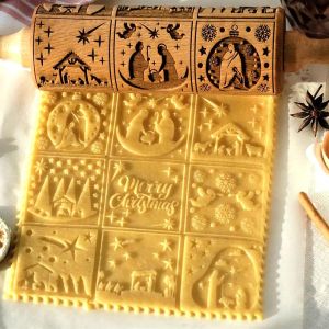 Jexnovashop-Rouleau &Agrave; P&acirc;tisserie En Bois De No&euml;l, Rouleau &Agrave; P&acirc;tisserie 3d En Bois, No&euml;l Motif De La Nativit&eacute; Avec 9 Sc&egrave;nes Diff&eacute;rentes, Gaufrage Rouleau &Agrave; P&acirc;tisserie Pour Etaler P&acirc;te Pizza Et Biscuit - Neuf