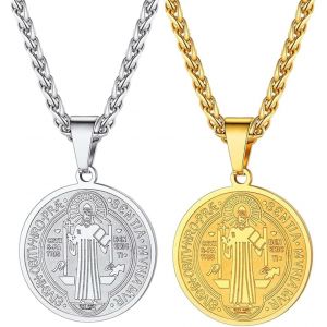 Kal-2pcs Collier Saint Benoît Pendentif Saint Patron Contre Le Mal En Acier Inoxydable Avec Chaîne Réglable Bijoux De Protection Pour Femmes Hommes - Neuf