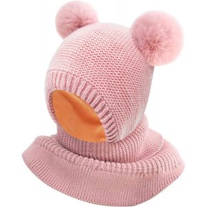 (2-5 Ans)Bébé Fille Garçon Cagoule Bonnet Tricoté Hiver, Écharpe En Tricot Chaud Chapeaux Coupe-Vent Cache-Cou Cagoule Avec Double Pompon Pour Bébé Enfants Filles Garçons - Neuf