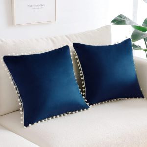 Tianyi-Lot De 2 Housses De Coussin D&eacute;coratives En Velours Doux Pompons Taies D'oreiller D&eacute;coration D'int&eacute;rieur Housse Coussins Pour Canap&eacute; Lit Chaise Chambre Salon (60x60 Cm, Bleu Royal) - Neuf