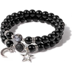 Eryi-2 Pièces Multicouches Pierre Naturelle Bracelet 8mm,Bracelets Avec Étoile La Lune Accessoires,Bracelet De Perles,Bracelet Superposition Élastique - Neuf