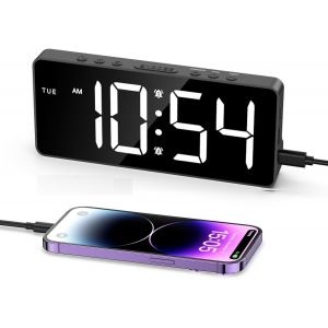 KAL-Réveil Numérique, Horloge De Bureau Avec Grand Affichage Led, 2 Alarmes, Luminosité Et Volume Réglables, Horloge Numérique Avec Date, 12/24H, Dst, Alimenté Par Usb/Piles, Snooze - Neuf
