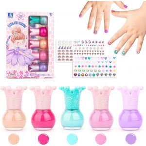 Vernis Enfant À L'eau Cadeau Fille 5 * 5ml Couleurs Non Toxique 2 Feuilles De Stickers Pour Ongles Enfants,Peel-Off Séchage Rapide Vernis À Ongles,Kit Cadeau Pour Les Filles.[C30] - Neuf