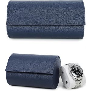 Kal-Étui De Rangement Pour Montre En Cuir Saffiano Boîte De Montre De Voyage En Cuir Pour 2 Montres Étui De Montre Portable Pour Homme Avec Coussins Amovibles (Bleu) - Neuf