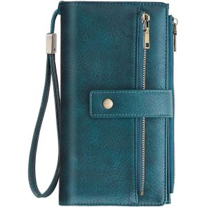 CAUC-Portefeuille Femme Grand Format, Porte Feuille Femme Cuir PU Vintage Porte Monnaie RFID Portefeuilles Et Porte-Cartes avec Fermeture Éclair Et Multi Cartes, Bleu Paon - Neuf