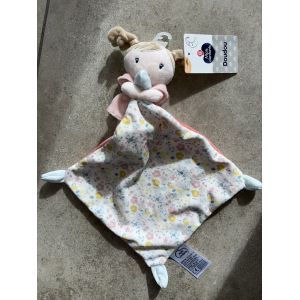 Doudou poup&eacute;e couettes robe rose Mots d&rsquo;enfants mouchoir fleuri peluche jouet naissance soft toy baby doll - Neuf